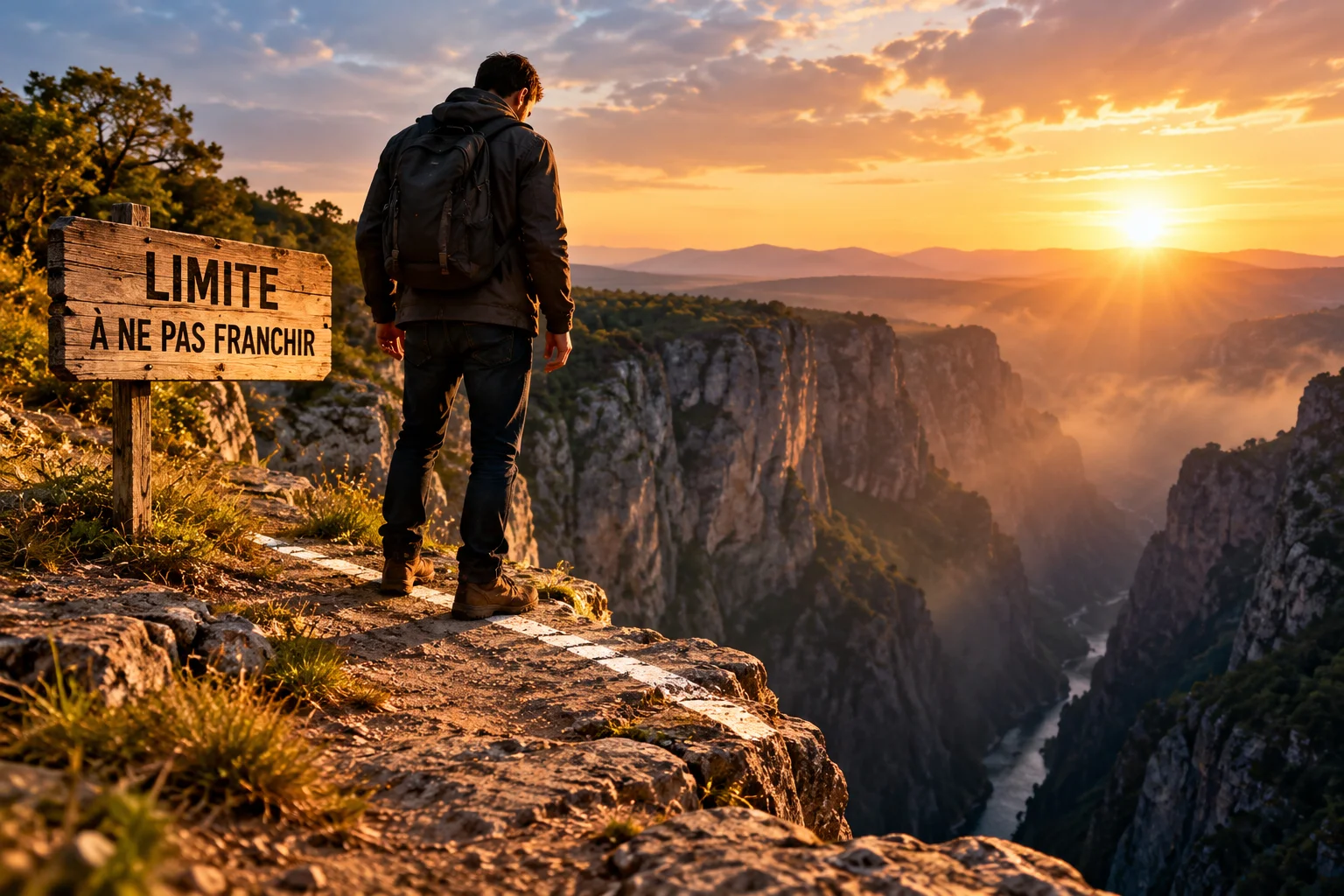 Um homem à beira de um precipício ao pôr do sol, ao lado de uma placa em francês que avisa para não ultrapassar o limite.