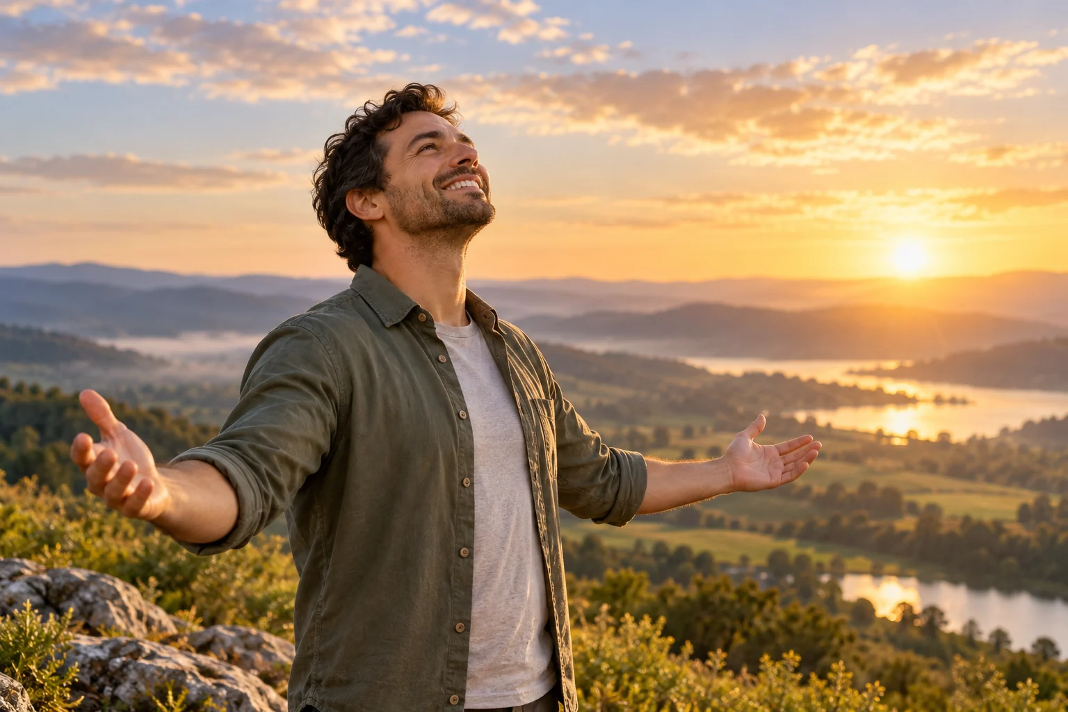 Ilustração gerada por IA: um homem sorridente, de braços abertos e olhando para o céu, em uma paisagem iluminada pelo nascer do sol, simbolizando a confiança em Deus.